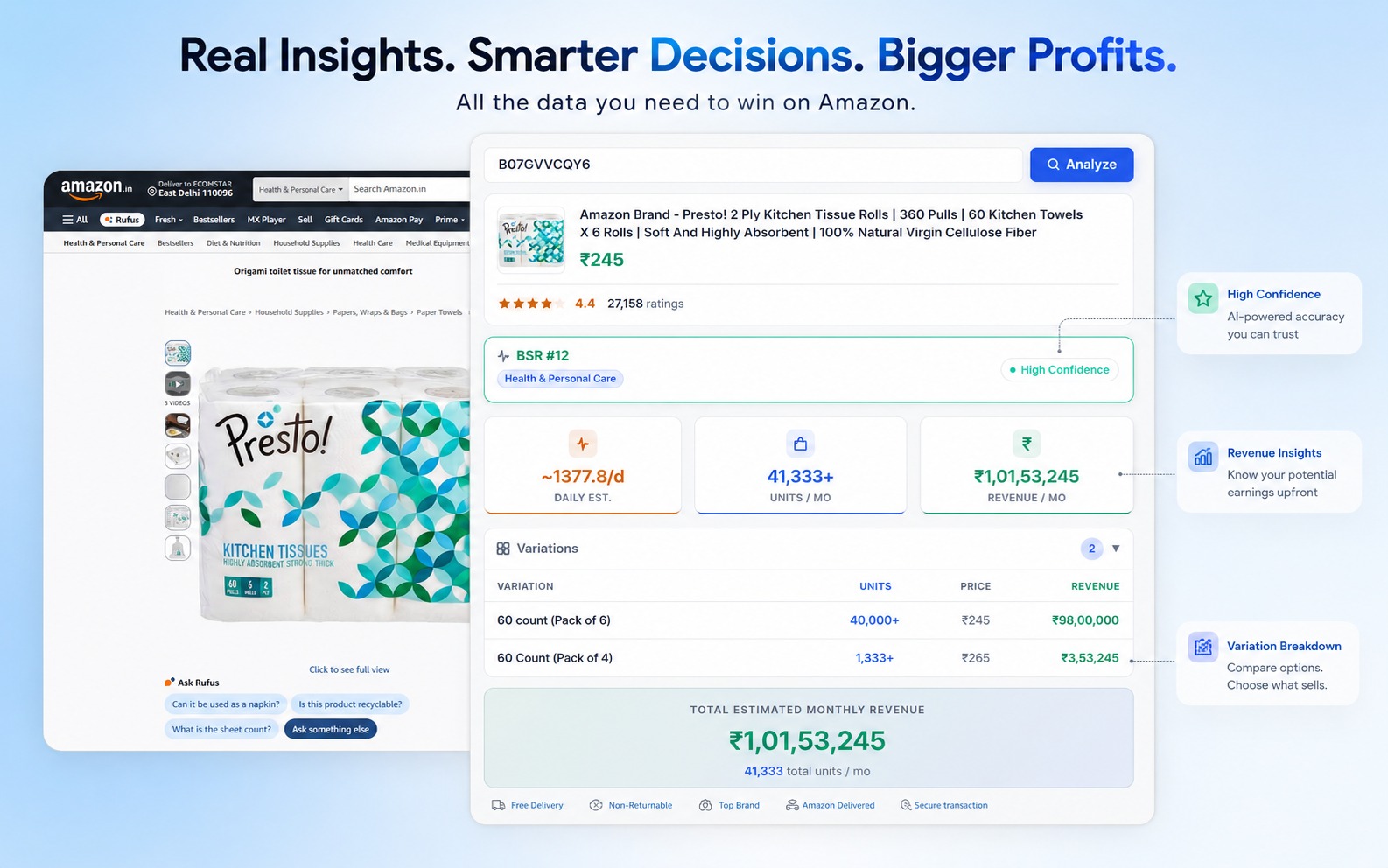 Hydrogen11 overlaying sales data on Amazon search results